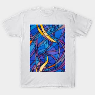 Stained Glass design pattern, seamless, bluish tone, geometrical, abstract design. T-Shirt